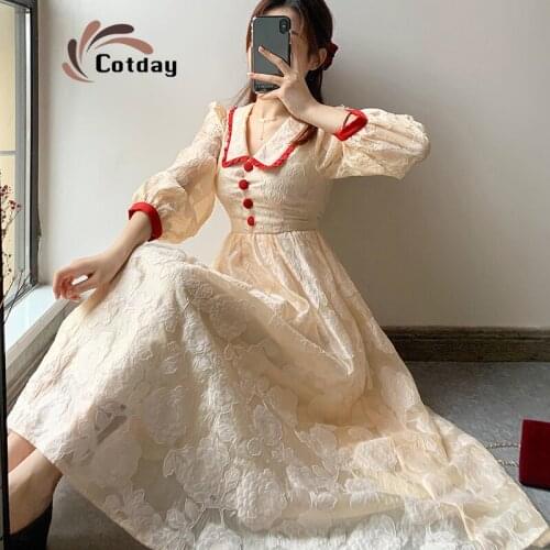 Cotday Vintage Sweet Ball Gown Botton Preppy Palace Turndown Colla Dresses Elegant Evening Fairy Women Dresses