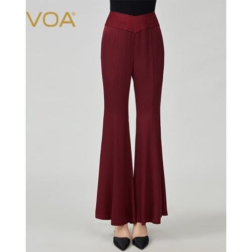 VOA Autumn New Product Silk 40mm Double-sided Satin Pants Women Red Natural Waist Gloss Good Oblique Pocket Flared Pants KE567