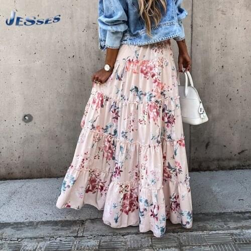 2021 Beach Boho Women Skirts Floral Printed Irregular Maxi Skirt Sexy Faldas Holiday Long Dresses For Female Summer Long Skirts