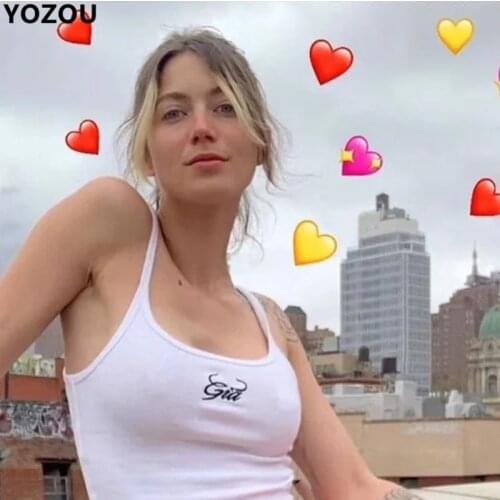 Women Summer Vintage Retro Cotton Gia Letters Embroidery Crop Top Cami White Black 90s Casual Solid Female