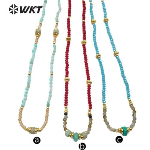 WT-N1199 WKT Multicolor Beaded Necklace Amazonite And Crystal Necklace Gold Electroplated Beaded Women Fashion Necklace Jewerly
