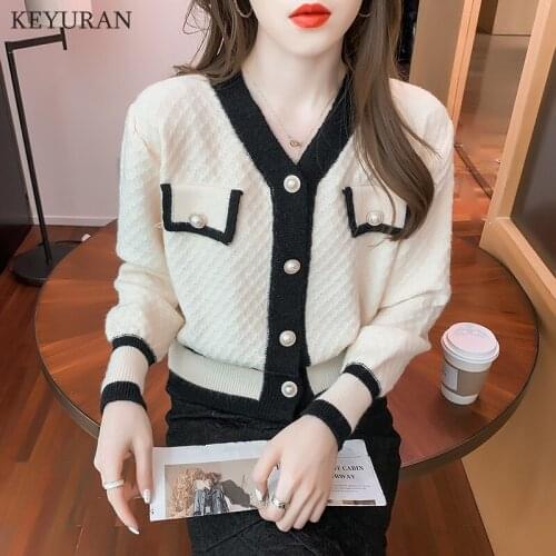 New 2021 Autumn Women Knitted Cardigan Sweater V-Neck Patchwork Color Cardigans Sweater Jacket Pocket Korean Knitwear Coat Women