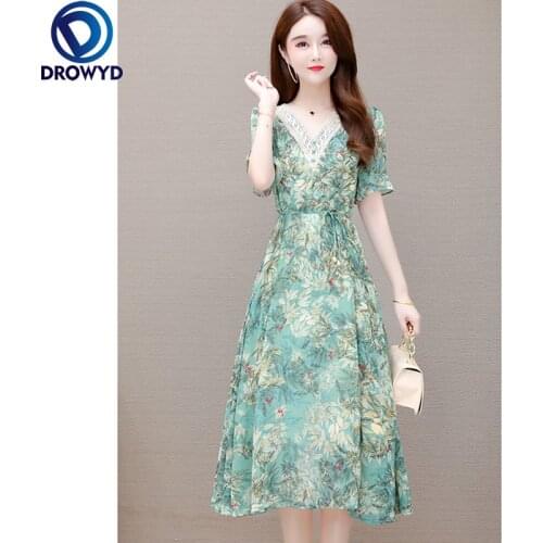 2021 Beach green Print Midi Dress Women Summer Fashion Short Sleeve V-neck Bodycon Chiffon Dress Elegant Boho Sexy Party Vestido