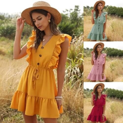 ZQLZ 2021 Elegant V-neck Short Sleeve Summer Dress Women Solid Ruffles Mini Female Beach Dresses Belt High Waist Vestidos