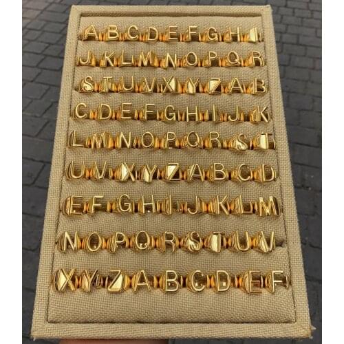 26PCS, Chunky Wide Hollow A-Z Letter Metal Adjustable Opening Ring Initials Name Alphabet Female Party Fashion Jewelry