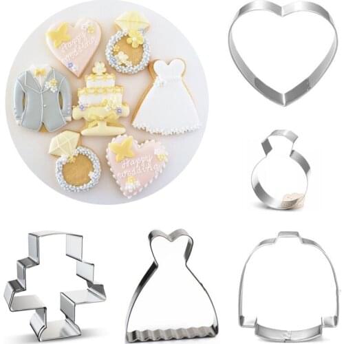 5pcs patisserie reposteria Cookie Cutter Wedding Dress Suit Ring Heart Art Fondant Cake Decor Tools Cupcake Biscuit Pastry Mould