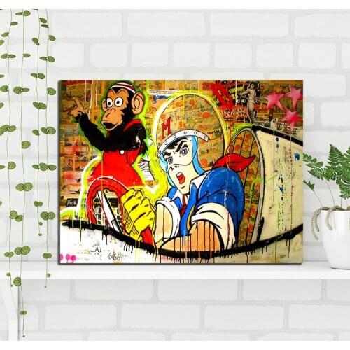 Alec Monopolyingly Boy Racing Car with Orangutan Print Street Art Oil Canvas Painting Wall Picture for Bedroom Home Decor