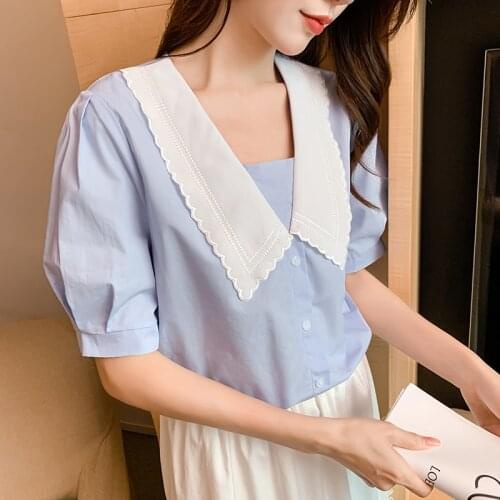 Korean Fashion Vintage Blouse Blue White Shirt Embroidery Cute V-neck Fake Two Piece Blouses Femme Short Sleeve Girls Tops Blusa