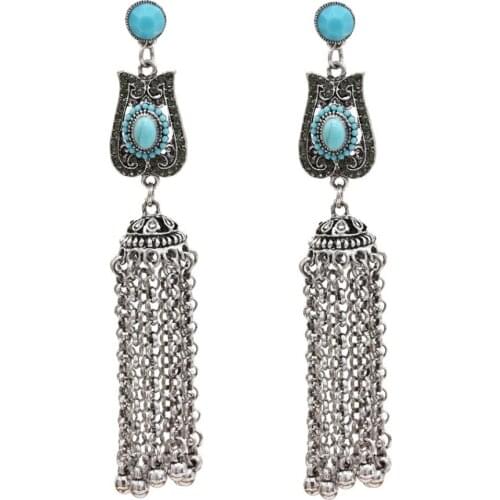 Bohemian Antique Silver Color Long Earrings For Women Link Chain Tassel Classic Resin Blue Stone Drop Earrings Gypsy Jewelry