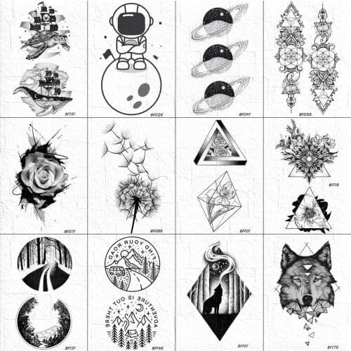 VANKIRS Black Fake Women Tattoo Stickers Body Arm Ankle Henna Tatoos Temporary Dandelion Art Tattoo Geometric Wolf Forest