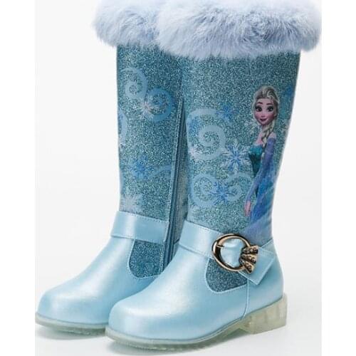 Disney Princess Cartoon Shoes Hot Winter Girls High Boots With Plush Pu Leather High Quality Children Snow Boots Girls Elsa Shoe