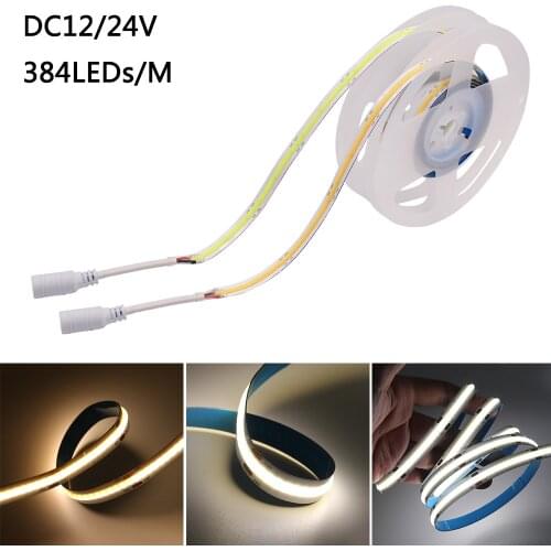 Dimmable COB Led Strip Soft Lighting DC 12V 24V 384Leds/m High Density Flexible Led Strip Light Ribbon Diode 0.5m 1m 2m 3m 4m 5m