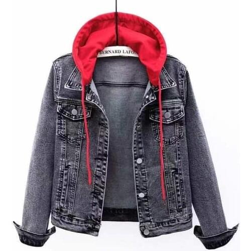 Denim Short Coat Female Spring and Autumn Without Winter New Cashmere Long Sleeve Slim Hooded Jacket Student Dress