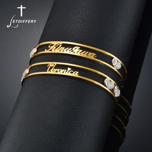 Letdiffery Custom Zircon Heart Name Bracelet for Women Golden Stainless Steel Personalized Nameplate Cuff Bangles Jewelry Gifts