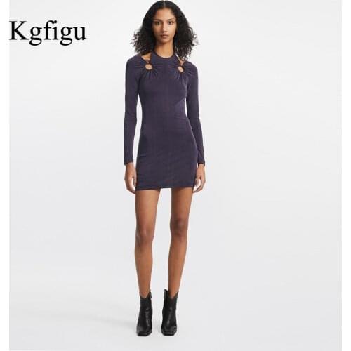 KGFIGU Dresses For Women 2021 Autumn Ladies Good Quality Long Sleeve Hollow Out Solid Color O-Neck Bodycon Dress