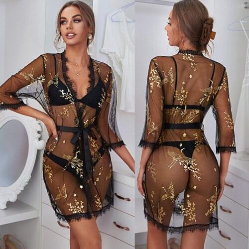 Summer Women Sheer Ultra-thin Gauze Underwear Temptation Sexy Pajamas Lace Nightwear Nightdress Nightgown Dressing Gowns Robe