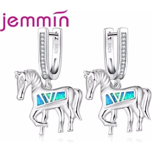 Cute Horse Jewelry Earrings for Women Girls Unique Gift Pretty 925 Sterling Silver Blue Opal Earrings