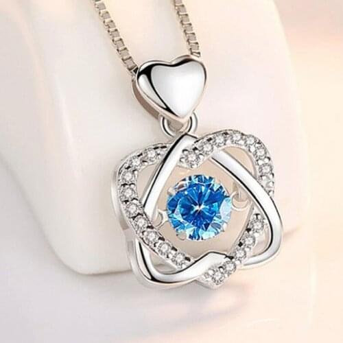 Fashion Silver Plated Love Heart Moving Pendant Lady Necklace White Diamond Blue Diamond Pendant Valentines Day Necklace кулон