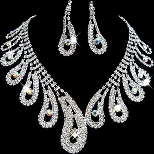 Trendy Female White Crystal Jewelry Set Charm Silver Color Dangle Earring For Women Dainty Round Zircon Wedding Chain Necklace