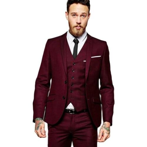 Customize Burgundy Mens Toast Suits Evening Dress Slim Fits Groom Tuxedos Prom Party Clothes (Jacket+Pants+Vest+Tie) W:137
