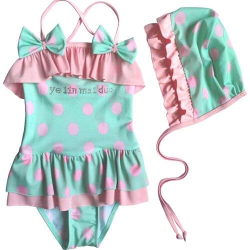 2020 New Summer Childrens Swimsuit Girl Spa Bikini Girls Bikini Two-piece Swimsuit Infant Girls Green Polka Dot Bikini With Cap
