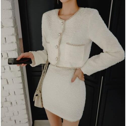 New arrival fashion wool white set for women OL professional temperament single-breasted short jacket and skirt two piece set
