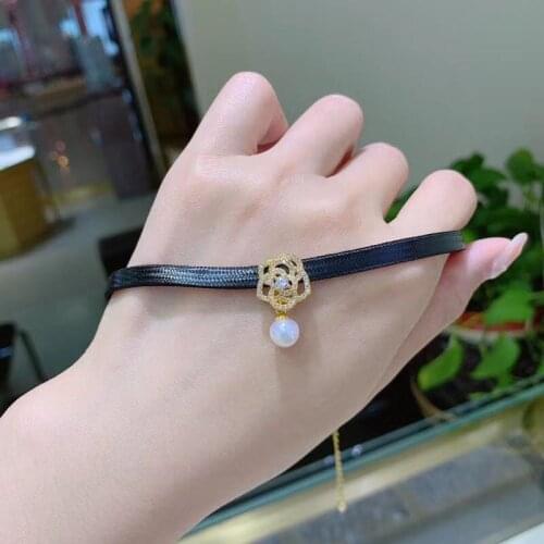 New natural 12MM white shell pearl (imitation pearl) leather rope necklace 35CM