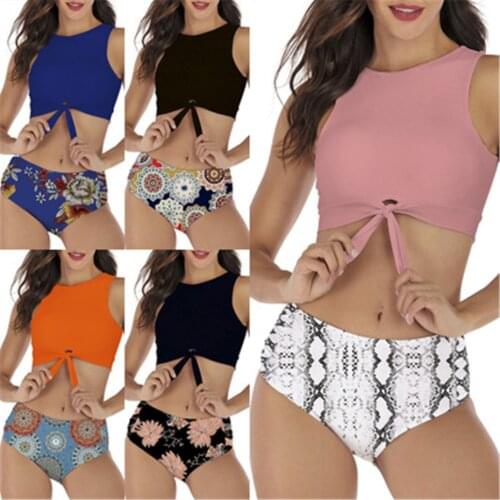 Solid Tie-Front Tank Swimwear Women Swimsuit High Waist Bikini Push Up Biquini Bathing Suit High Neck Bikinis 2019 Mujer