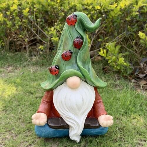 Garden Solar Gnome Statue with 4 Ladybug Lights Meditating Sculpture Outdoor Figurines Lawn Patio Yard Porch Ornament C1