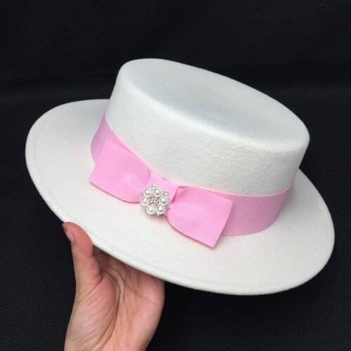 Fedora panama In early spring the new small white hat socialite party tidal flat hat Sir Pearl elegant fashion hat