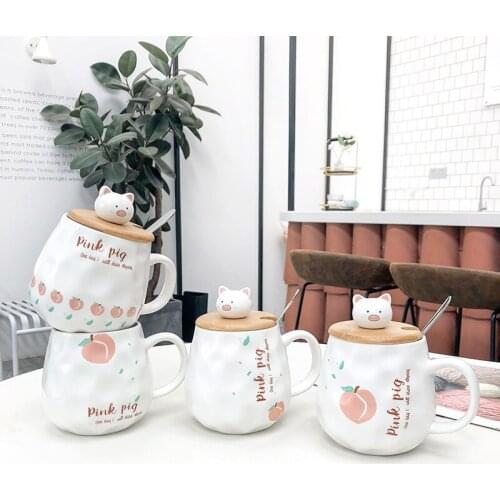 Cute Cartoon Wooden Lid Piggy Frosted Pot-Bellied Ceramic Cup Creative Mug Girl With Spoon Water Cup Student Cups