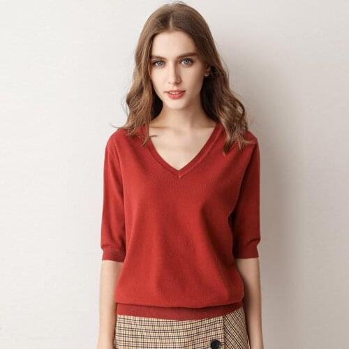 Spring/Summer 2020 Ladies Sweater Pullover Solid Color V-neck Half-sleeved Knitted Cashmere Sweater Thin Casual Top