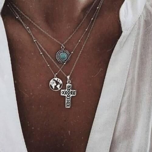 Vintage Silver Color World Map Cross Pendants & Necklaces For Women Bohemian Multilayer Round Stone Choker Necklace Jewelry A675