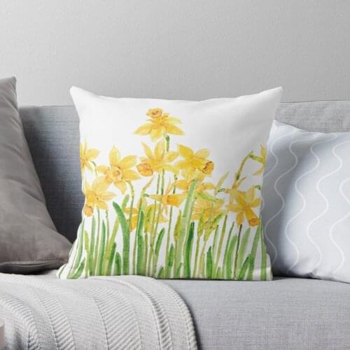Yellow Daffodils Field Water Color Throw Pillow Polyester Decor Pillow Case Home Cushion Cover 45*45cm