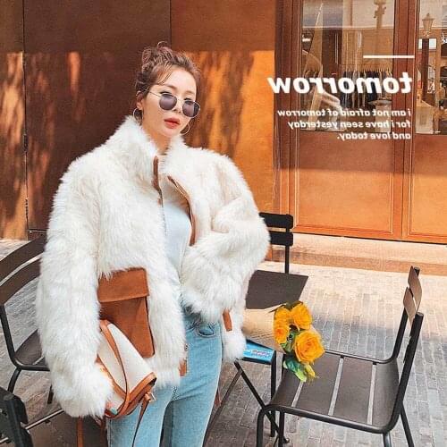 Winter Woman Jacket Lamb Fur Patchwork PU Leather Pockets Hit Color Long Sleeve Stand Collar Loose Casual 2021 New Autumn