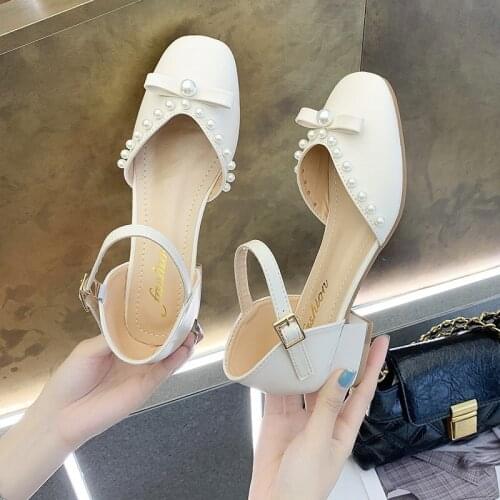 Baotou Summer New Fashion Temperament High-heeled Single Shoes Pointed Pearl Bow Square Heel Casual Ladies Sandals