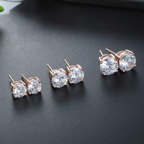 Womens Rose Gold Stud Earrings Princess Cut/Round Cut AAA Cubic Zirconia Earrings Iced Out Earrings Crystal Hip Hop Jewelry