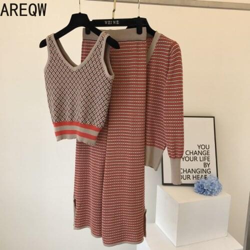 2021 New Wonen Clothing Matching Sets Autumn Long Sleeve Stripes Cardigan Split +Wide Leg Pants Knitted Three-Piece Sets Women