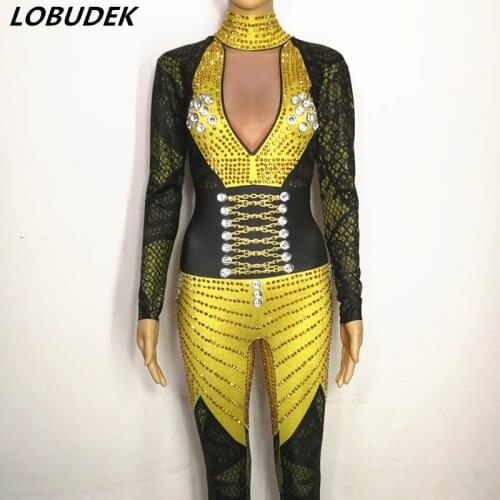 Yellow Crystal Diamond Jumpsuit Female DJ Singer Costume European Bar Dancer Pole dance Stage Outfit Sexy Stretch Leotard Romper