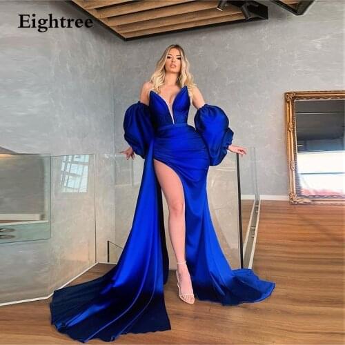 Eightree Royal Blue Long High Side Slit Prom Dresses Evening Dress With Detachable Sleeves V Neck Mermaid Formal Gowns