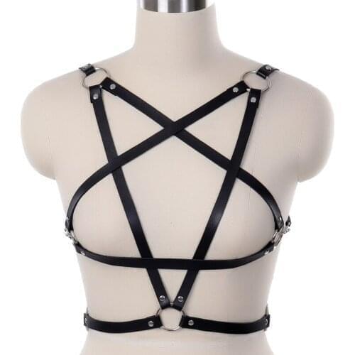 Pentagonal Belt Lingerie Women Goth Leather Harness Tops Bra Punk Bdsm Bondage Bodysuit Body Hollow Out Suspenders Club Rave