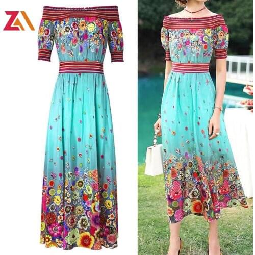 ZALady summer dresses light Bohemia beach zevity floral Elastic waist slash neck holiday long dress women clothes plus size robe