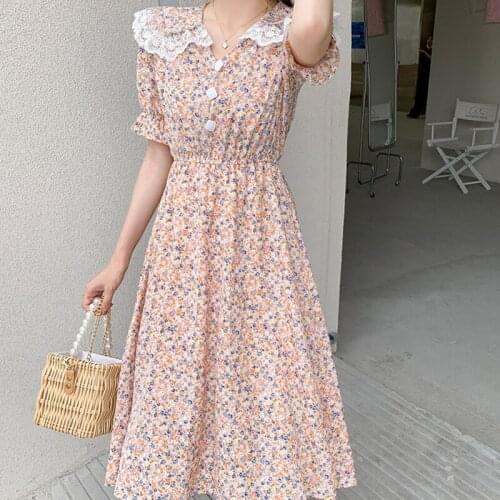 Vintage V Neck Floral Dress Women Elegant Chiffon Midi Dress Peter Pan Collar Short Puff Sleeve Dress Casual Dress Summer 2021