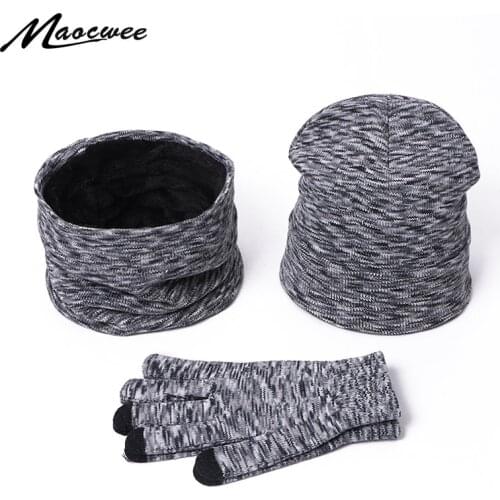 Winter Hat Scarf Gloves Set Solid Color Women Men Beanie Hats Warm Outdoor Knit Windproof Hat Hedging Cap With Lining Hats Bonet
