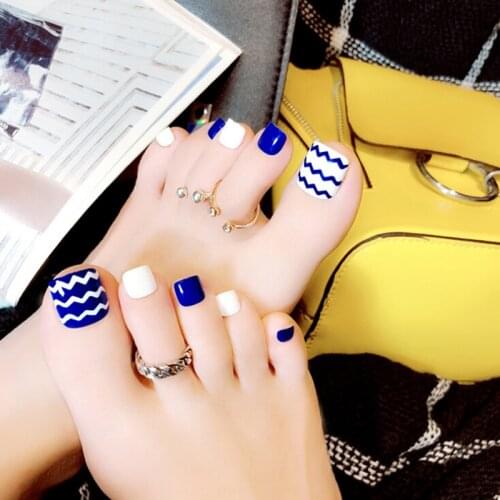 24Pcs/set Toe Fake Nails Full Cover Acrylic Feet Patch Blue Wave Summer Toe False Nails With Glue White Blue Ocean