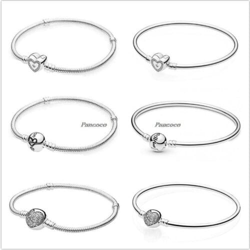 Authentic 925 Sterling Silver Bracelet Pave Heart With Crystal Circular Bangle Fit Bead Charm Diy Fashion Jewelry