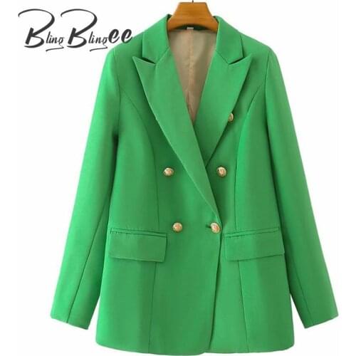 BlingBlingee Za 2021 Autumn Woman Traf Jacket Double Breasted Notched Collar Flap Pockets Green Blazers Female Casual Coats