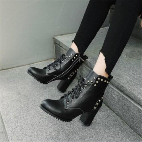 PXELENA Women Rivet Ankle Boots Lace Up Vintage Winter Shoes Zip Round Toe Thick High Heels Punk Gothic Rock Boots Black