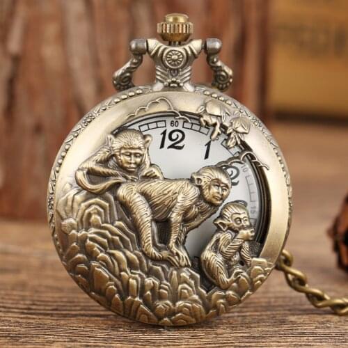 Bronze Chinese Zodiac Monkey Pocket Watch Retro Pendant Watch Necklace Fob Chain Half Hunter Antique Clock Unisex Gifts