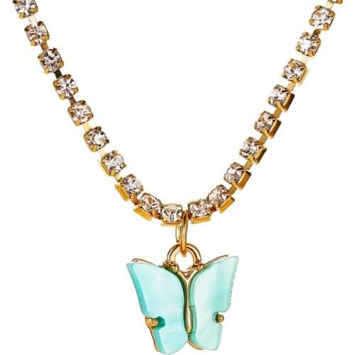 Purple Blue Pink White Butterfly GoldenBling Starry Clear Crystal Chain Fashion Pendant Alloy Necklace For Women